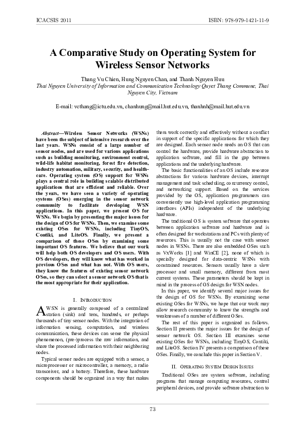 (PDF) A comparative study on operating system for Wireless Sensor Networks
