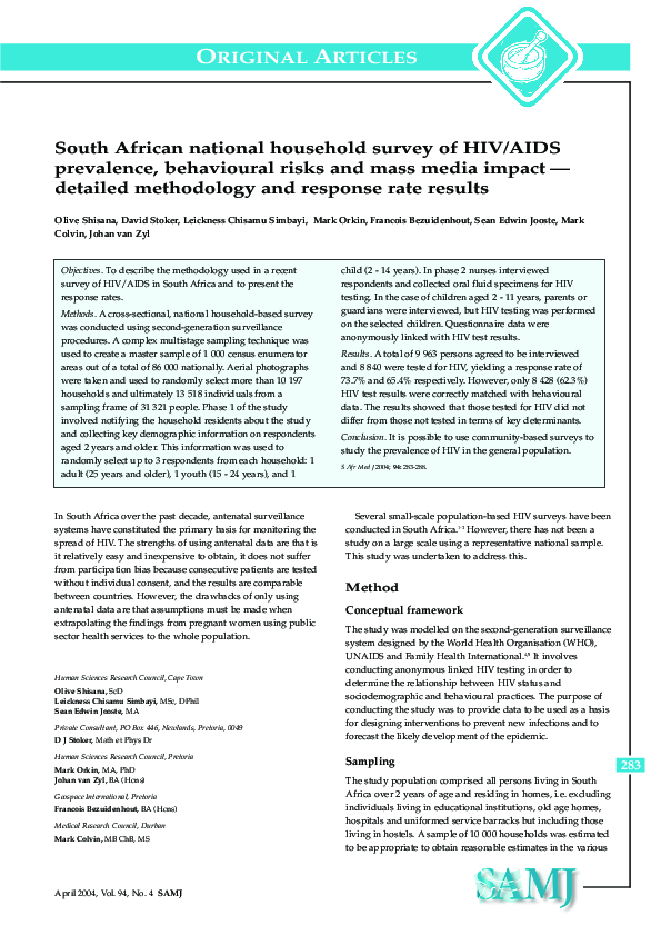(PDF) South African national household survey of HIV/AIDS prevalence ...