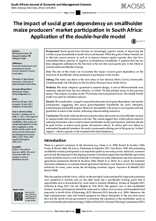 (PDF) The impact of social grant dependency on smallholder maize ...