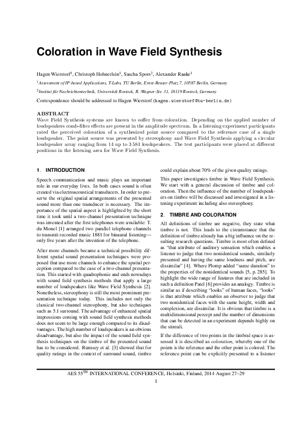 (PDF) Coloration in Wave Field Synthesis