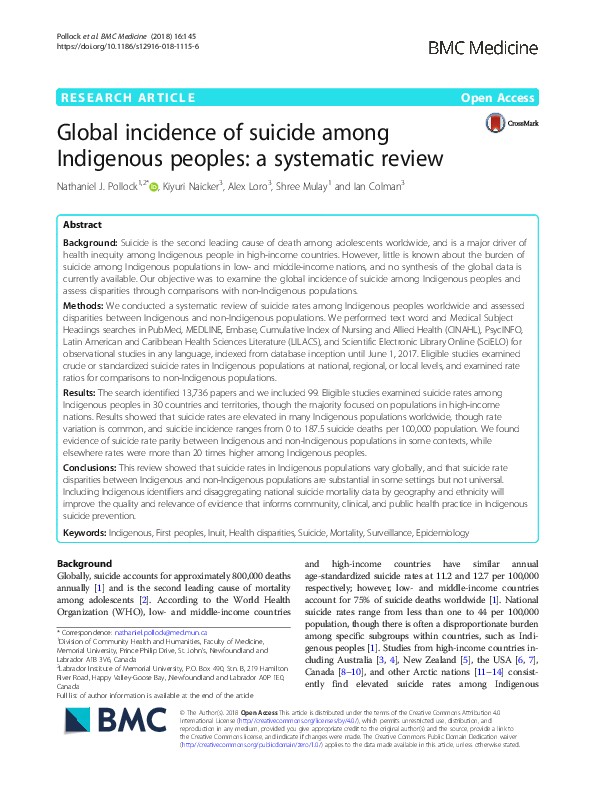 (PDF) Global incidence of suicide among Indigenous peoples: a ...