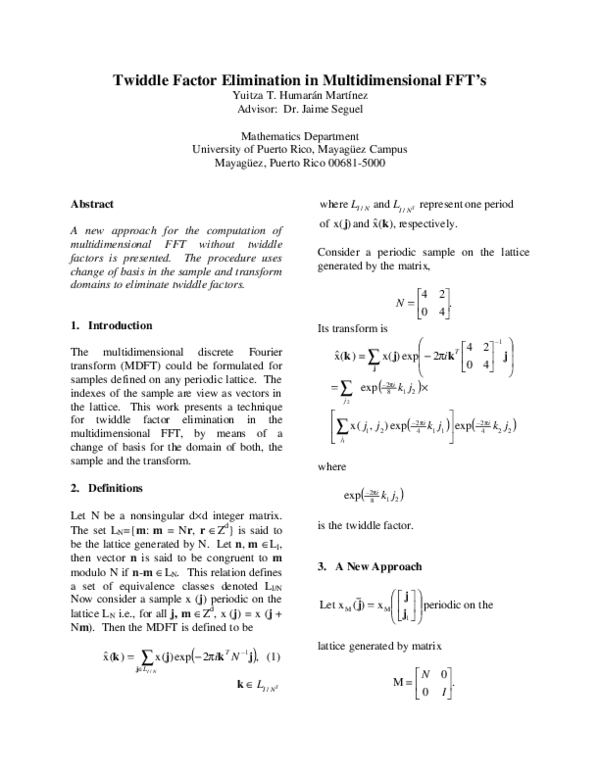 (PDF) Twiddle Factor Elimination in Multidimensional FFT's