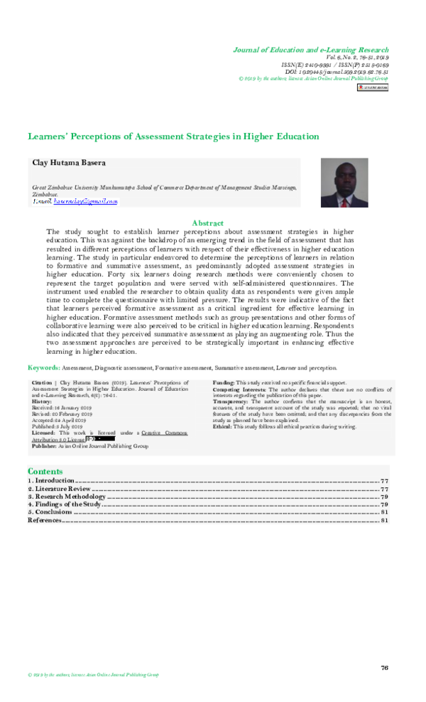 (PDF) Learners’ Perceptions of Assessment Strategies in Higher Education