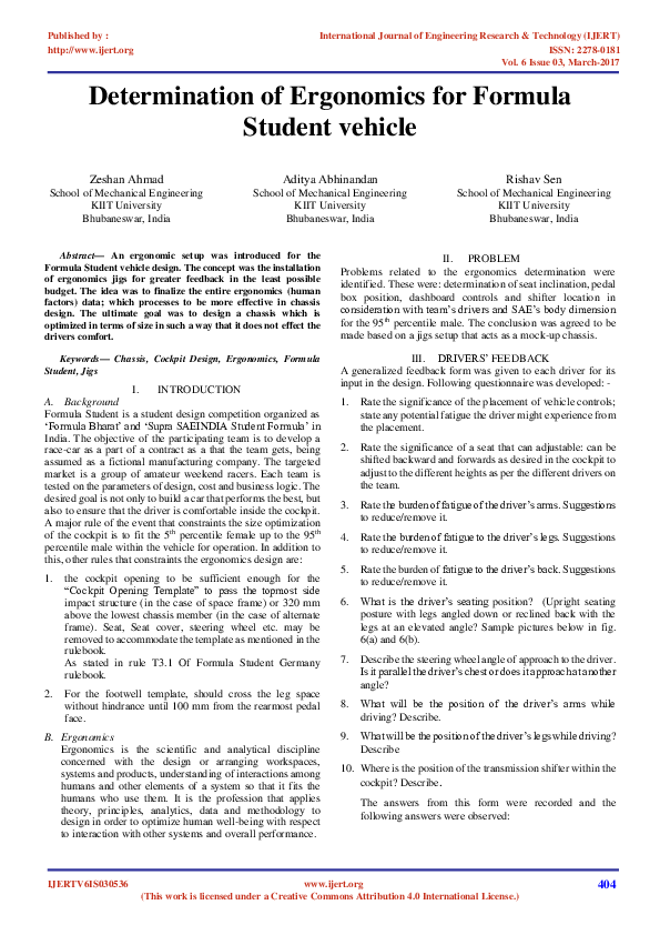 (PDF) Determination of Ergonomics for Formula Student Vehicle