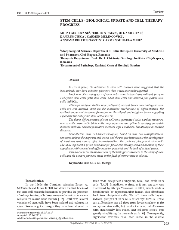 (PDF) Stem Cells - biological update and cell therapy progress