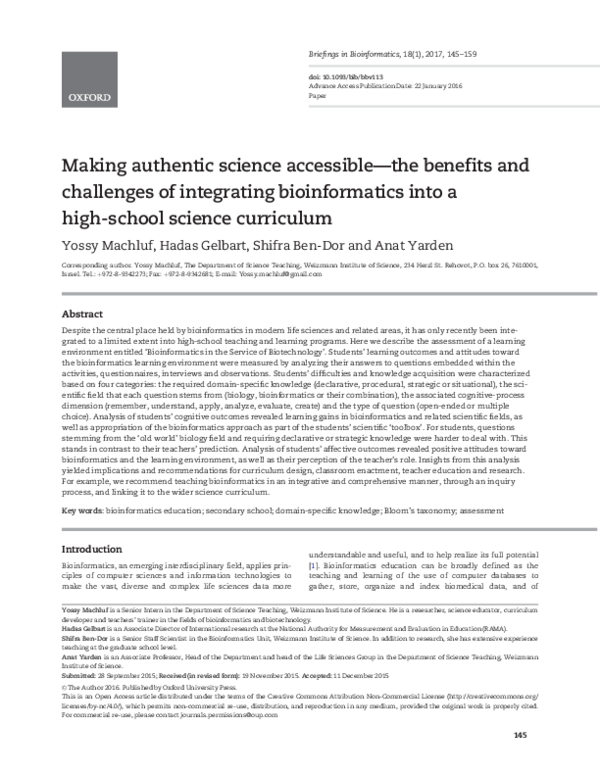 (PDF) Making authentic science accessible—the benefits and challenges ...