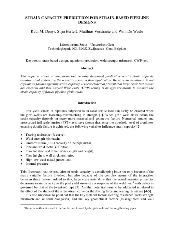 (PDF) Strain Capacity Prediction for Strain-Based Pipeline Designs