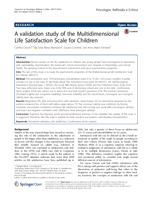 (PDF) A validation study of the Multidimensional Life Satisfaction ...