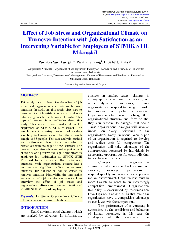 (PDF) Effect of Job Stress and Organizational Climate on Turnover ...