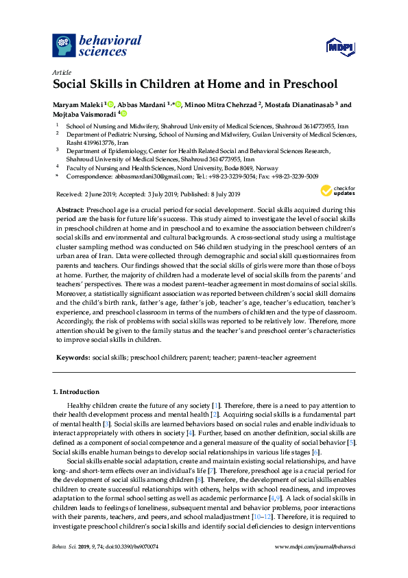 (PDF) Social Skills in Children at Home and in Preschool