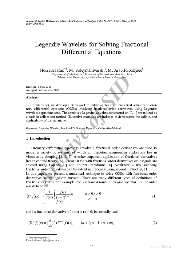 (PDF) Legendre Wavelets for Solving Fractional Differential Equations