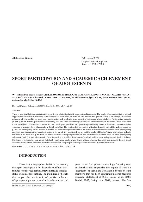 (PDF) Sport participation and academic achievement of adolescents