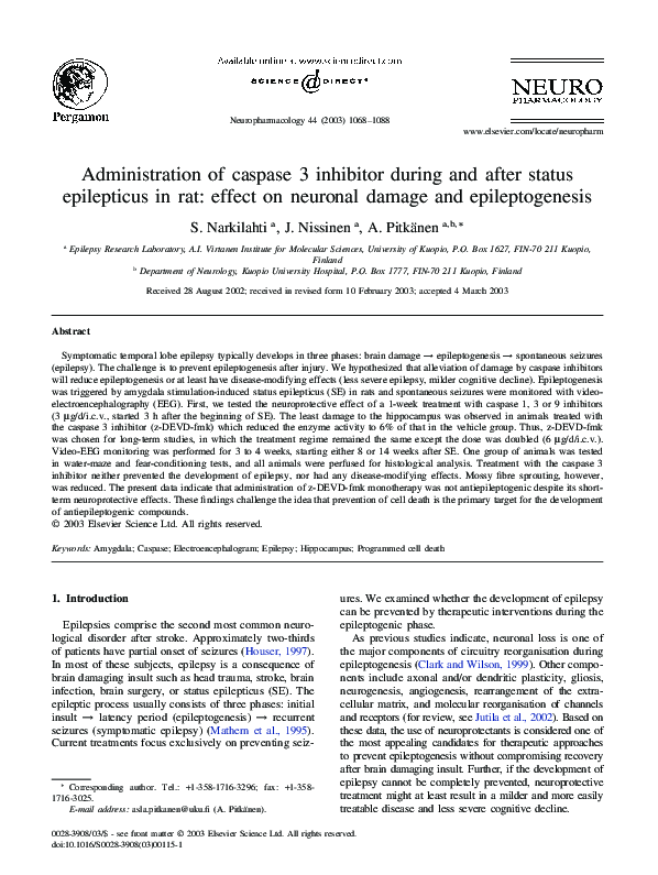 (PDF) Administration of caspase 3 inhibitor during and after status ...
