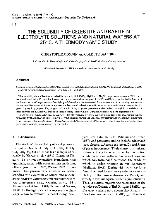 (PDF) The solubility of celestite and barite in electrolyte solutions ...