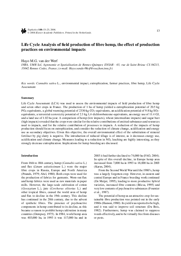 (PDF) Life Cycle Analysis of field production of fibre hemp, the effect ...