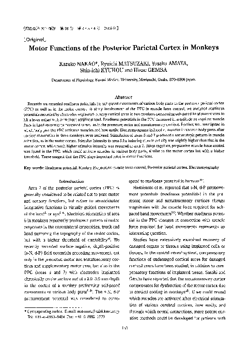 (PDF) Motor Functions of the Posterior Parietal Cortex in Monkeys