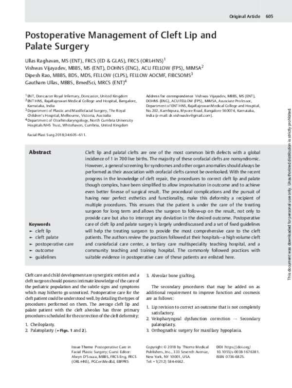 (PDF) Postoperative Management of Cleft Lip and Palate Surgery