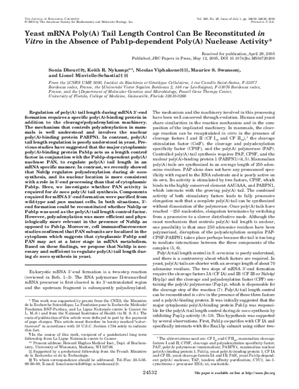 (PDF) Yeast mRNA Poly(A) Tail Length Control Can Be Reconstituted in ...
