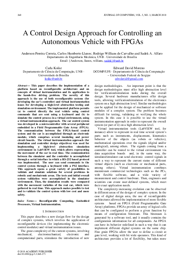 (PDF) A Control Design Approach for Controlling an Autonomous Vehicle ...