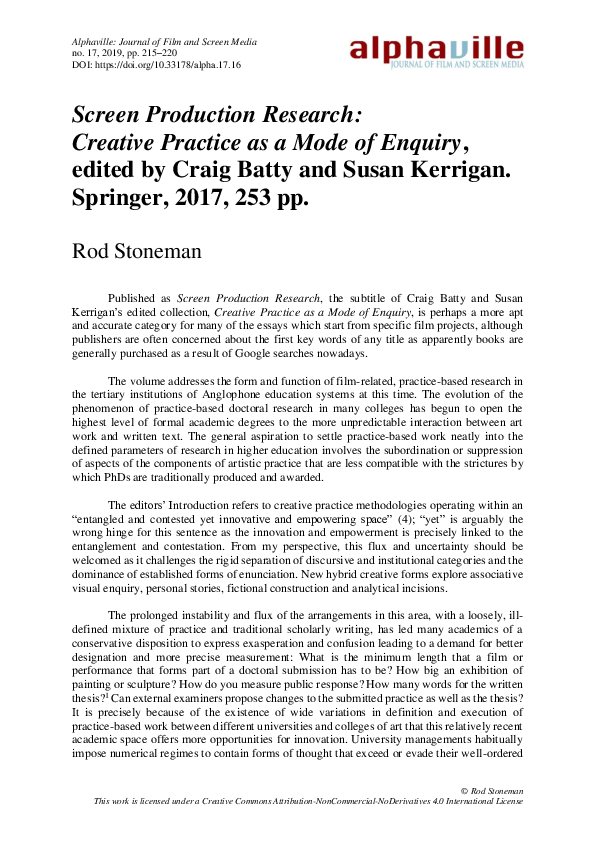 (PDF) Screen production research: creative practice as a mode of ...
