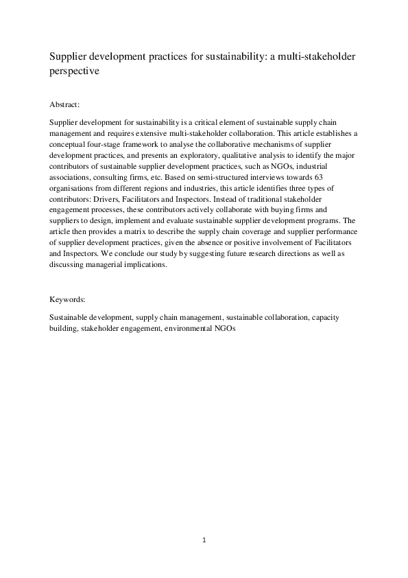 (PDF) Supplier Development Practices for Sustainability: A Multi ...