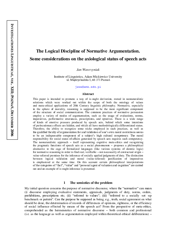 (PDF) The Logical Discipline of Normative Argumentation. Some ...