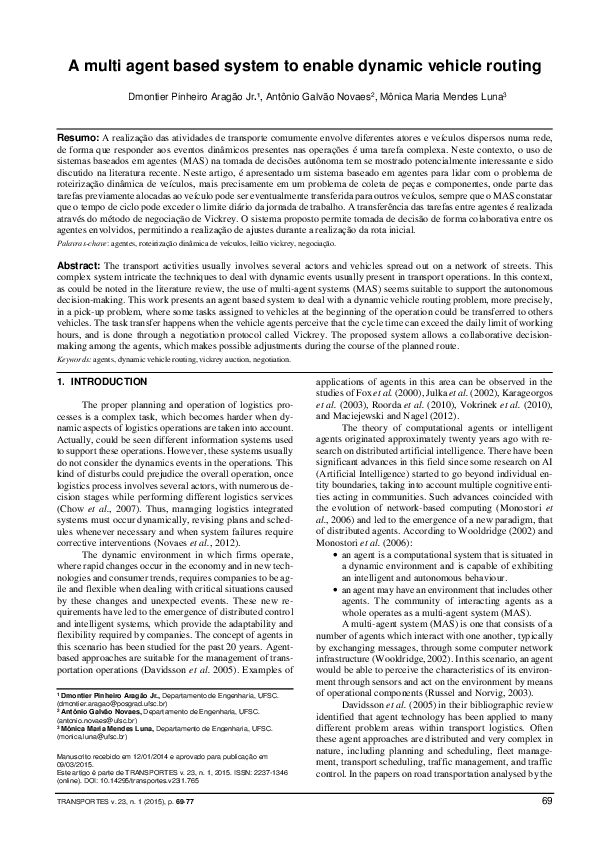 (PDF) A multi agent based system to enable dynamic vehicle routing