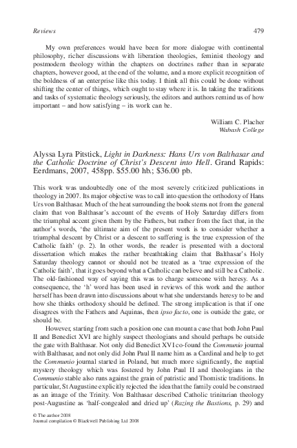 (PDF) Light in Darkness: Hans Urs von Balthasar and the Catholic ...