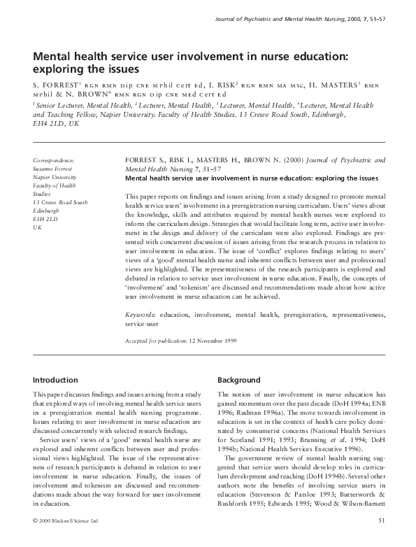 (PDF) Mental health service user involvement in nurse education ...