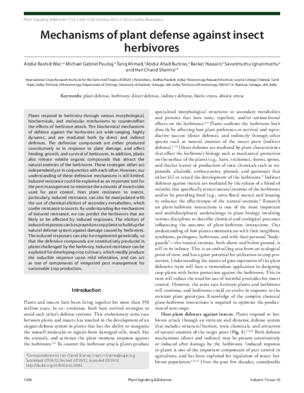 (PDF) Mechanisms of plant defense against insect herbivores Hari Chand Sharma Academia.edu