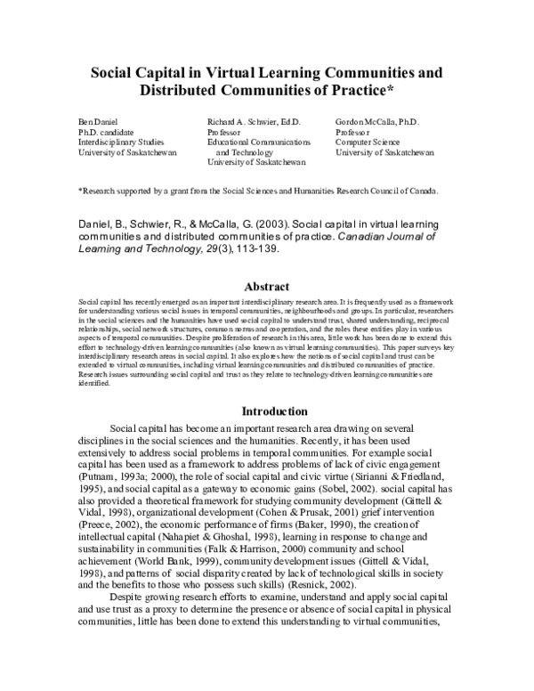 (PDF) Social Capital in Virtual Learning Communities and Distributed ...