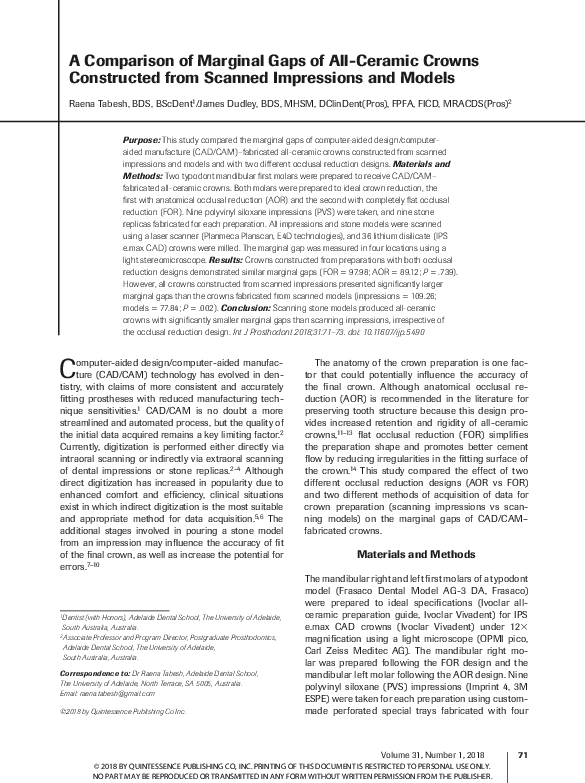 (PDF) A Comparison of Marginal Gaps of All-Ceramic Crowns Constructed ...