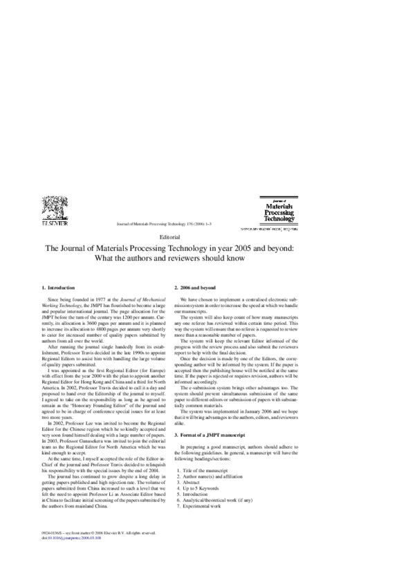 (PDF) The Journal of Materials Processing Technology in year 2005 and ...