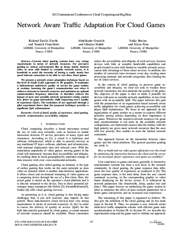 (PDF) Network Aware Traffic Adaptation for Cloud Games