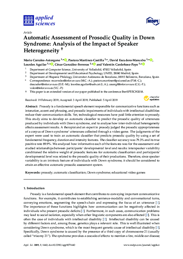 (PDF) Automatic Assessment of Prosodic Quality in Down Syndrome ...
