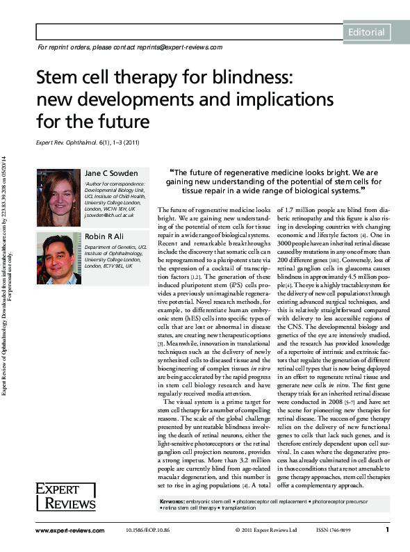 (PDF) Stem cell therapy for blindness: new developments and ...
