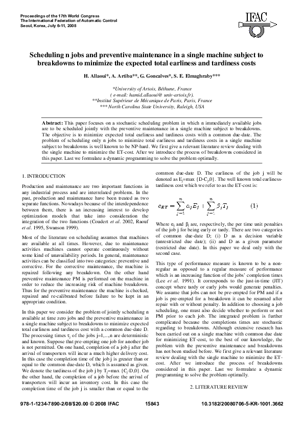(PDF) Scheduling n jobs and preventive maintenance in a single machine ...