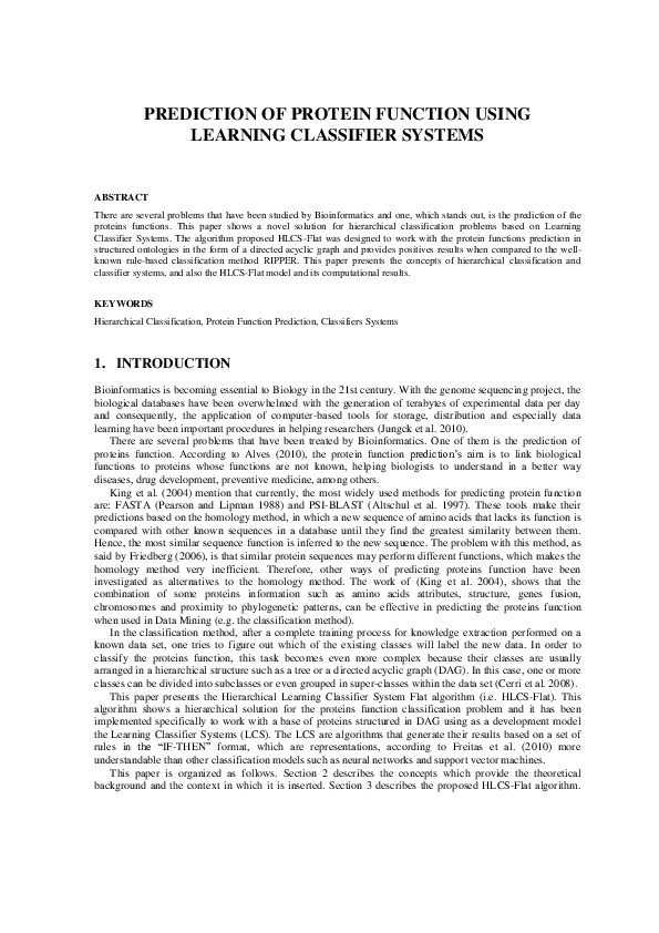 (PDF) Prediction of Protein Function Using Learning Classifier Systems