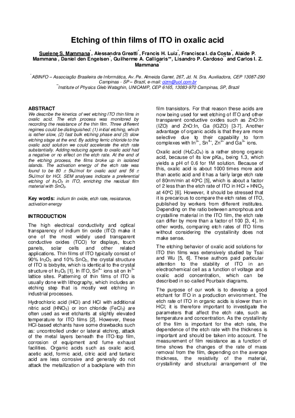 PDF) Etching of thin films of ITO in oxalic acid