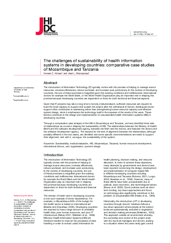 (PDF) The challenges of sustainability of health information systems in ...