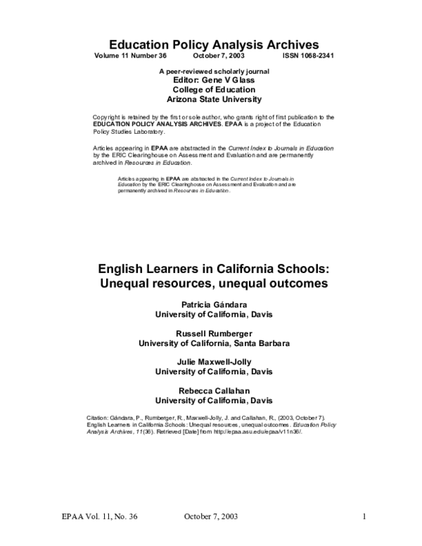 (PDF) English Learners in California Schools: Unequal resources ...