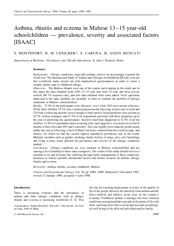 (PDF) Asthma, rhinitis and eczema in Maltese 13-15 year-old ...
