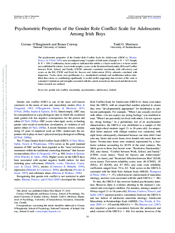 (PDF) Psychometric Properties of the Gender Role Conflict Scale for ...