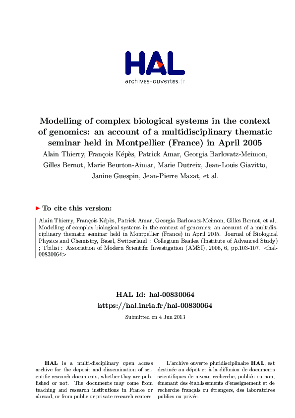 (PDF) Modelling of biological complex systems in the context of ...