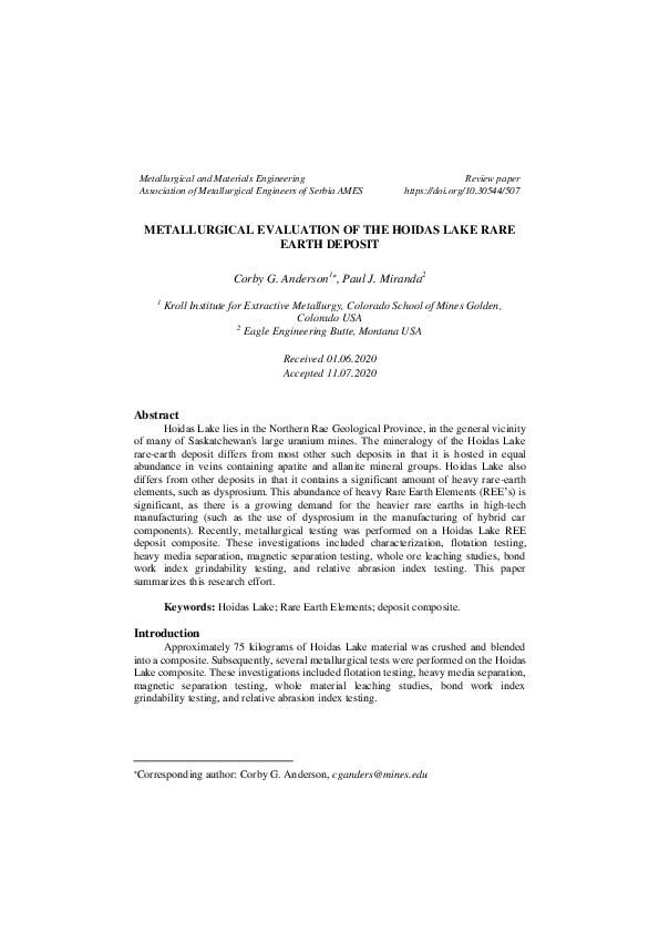 (PDF) Metallurgical Evaluation of the Hoidas Lake Rare Earth Deposit