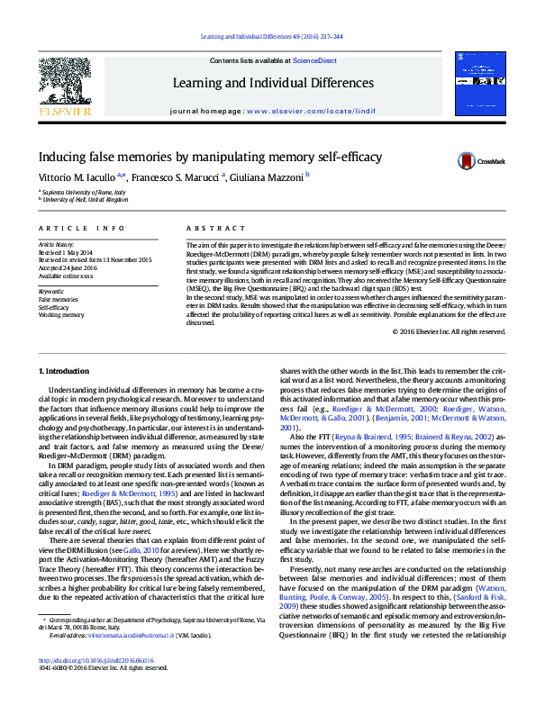 (PDF) Inducing false memories by manipulating memory self-efficacy