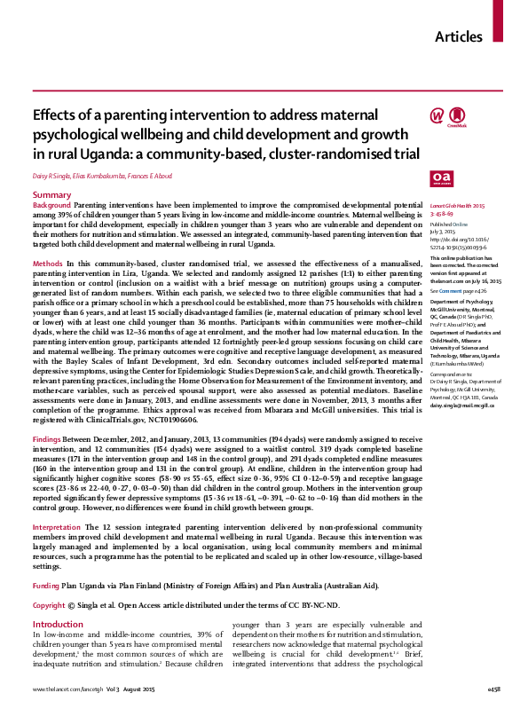 (PDF) Effects of a parenting intervention to address both maternal ...