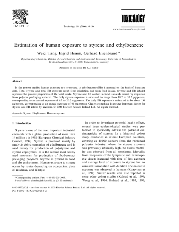 (PDF) Estimation of human exposure to styrene and ethylbenzene G