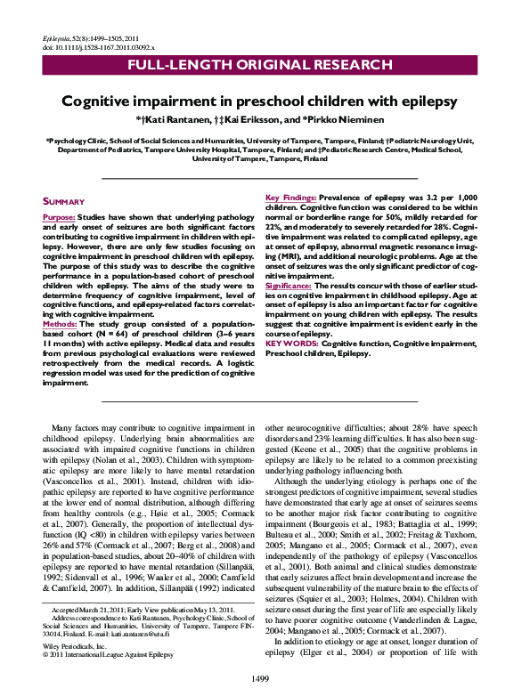(PDF) Cognitive impairment in preschool children with epilepsy