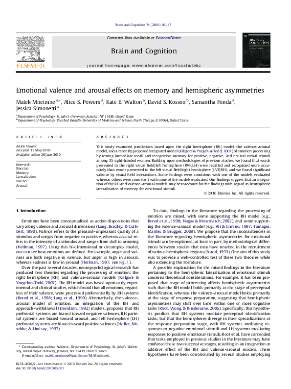 (PDF) Emotional valence and arousal effects on memory and hemispheric ...